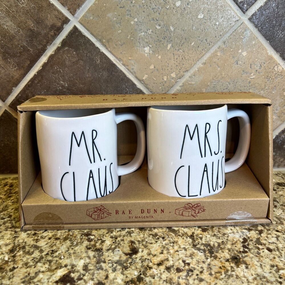 NIB RAE DUNN MR MRS CLAUS - 2 HOLIDAY COFFEE COCO MUGS SET BY MAGENTA - NEW